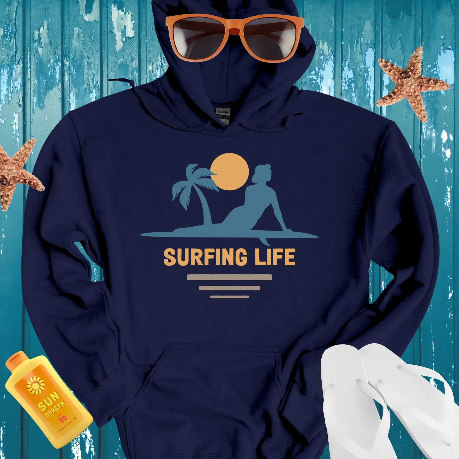 Vintage Surf Hoodie Featuring Iconic Surfing Life Design