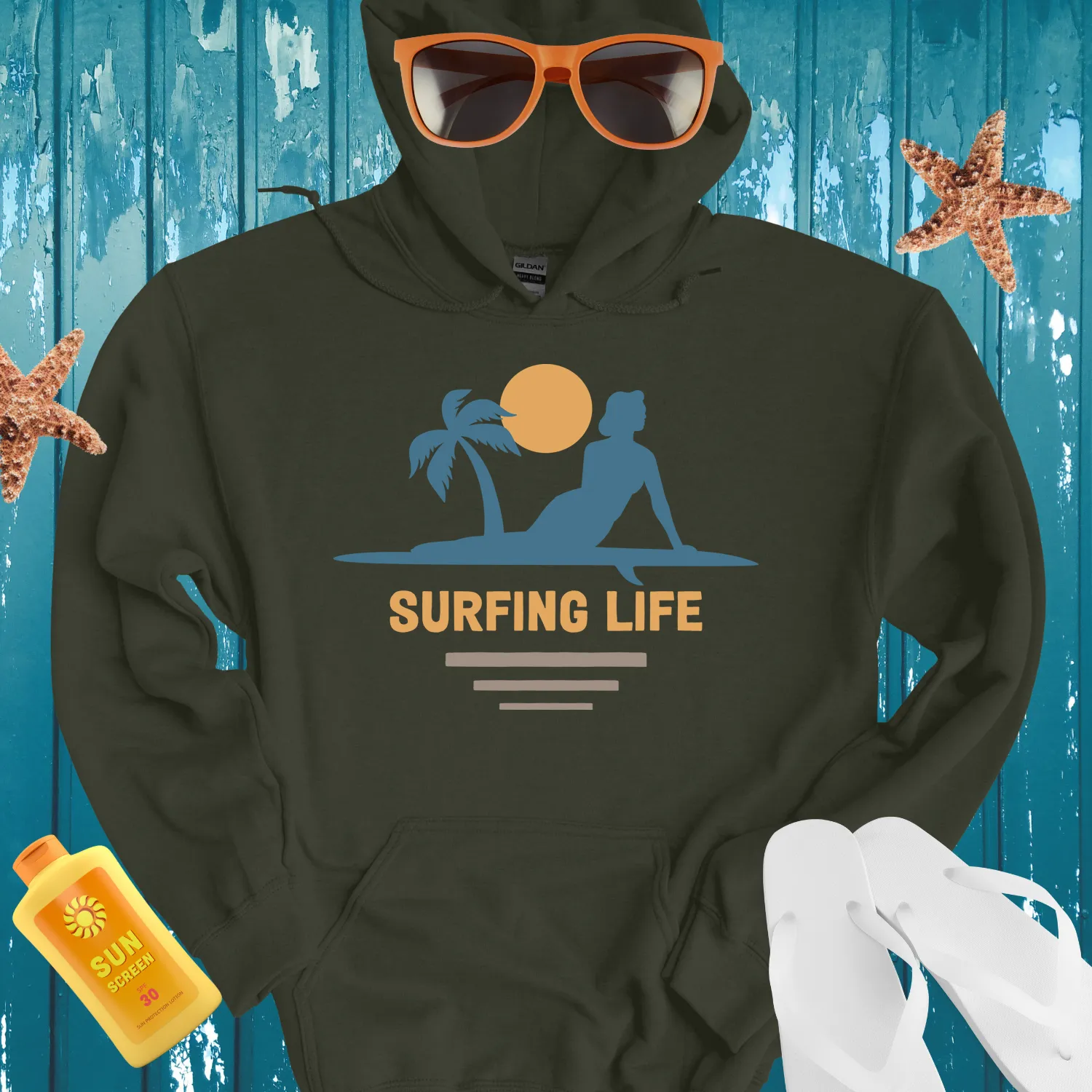 Vintage Surf Hoodie Featuring Iconic Surfing Life Design