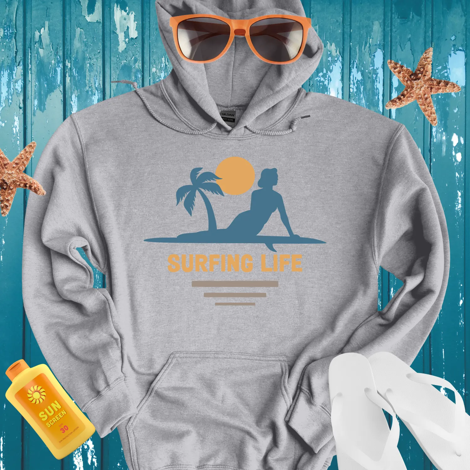 Vintage Surf Hoodie Featuring Iconic Surfing Life Design