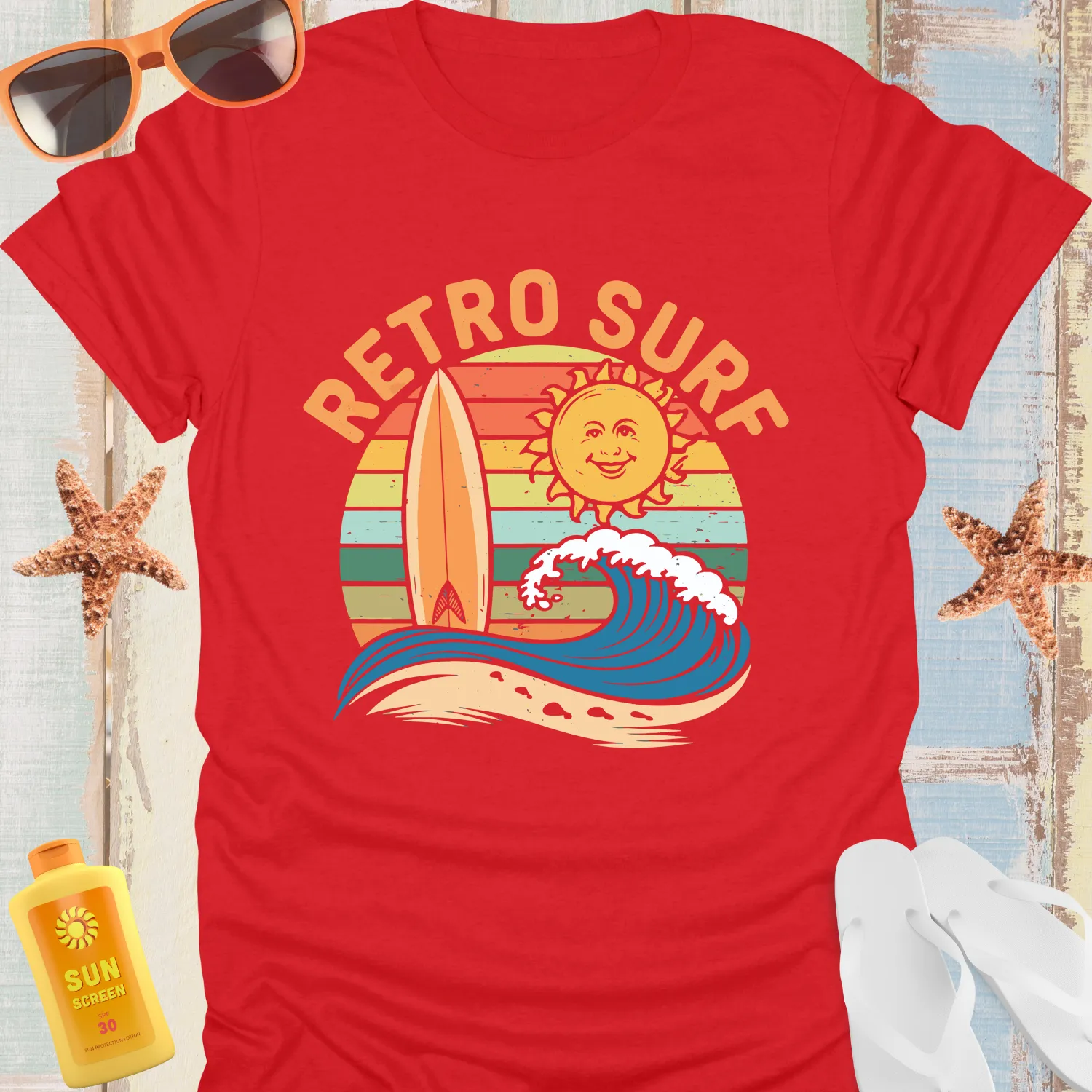 Vintage Surf Tee With Sun And Longboard Design