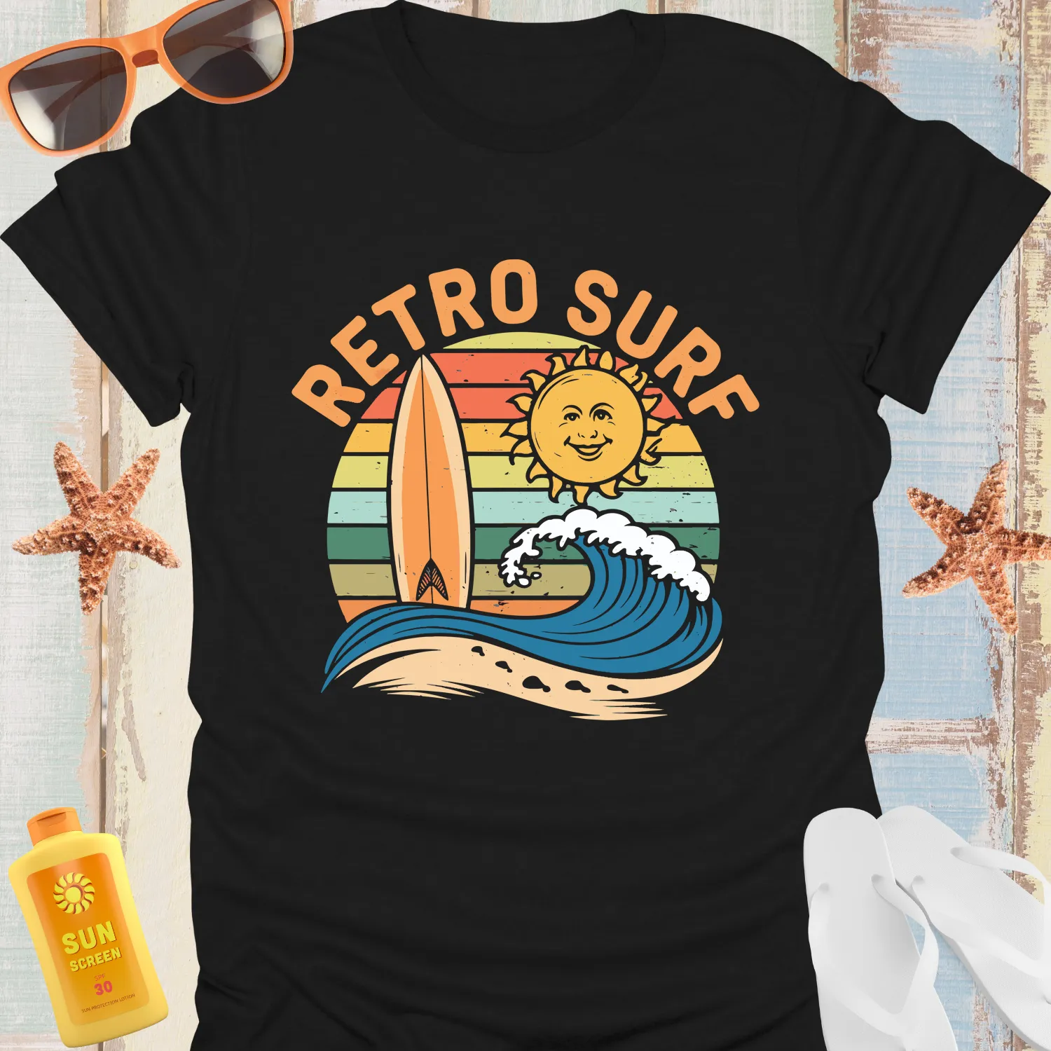 Vintage Surf Tee With Sun And Longboard Design