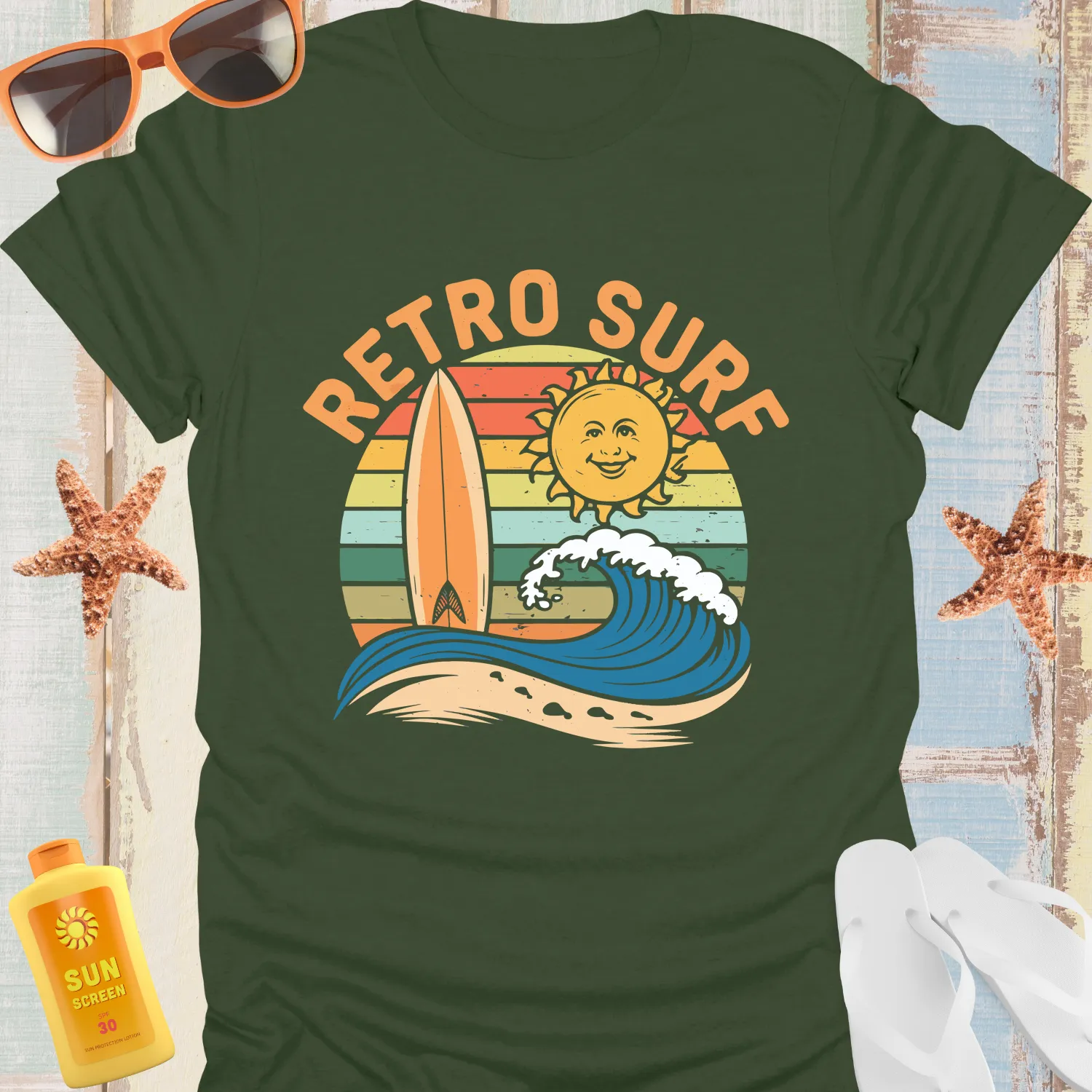 Vintage Surf Tee With Sun And Longboard Design