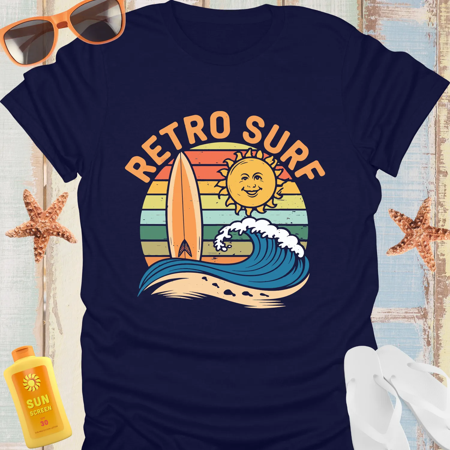 Vintage Surf Tee With Sun And Longboard Design