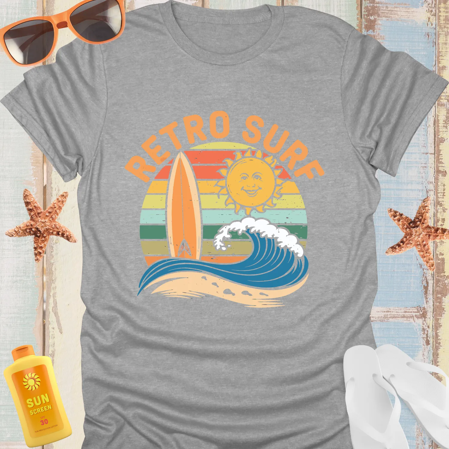 Vintage Surf Tee With Sun And Longboard Design
