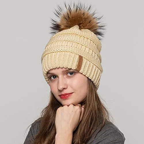 Women Winter Warm Hat Large Fur Pom Pom Beanie Hat