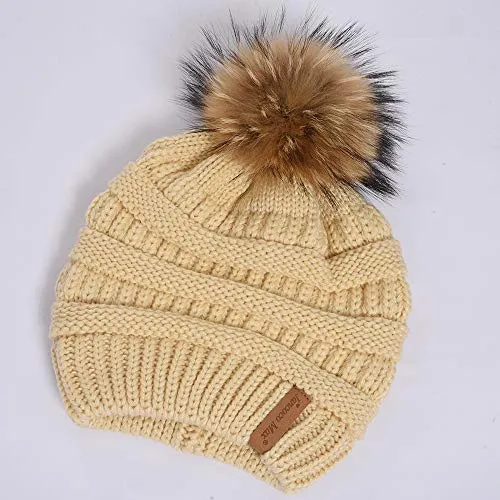 Women Winter Warm Hat Large Fur Pom Pom Beanie Hat