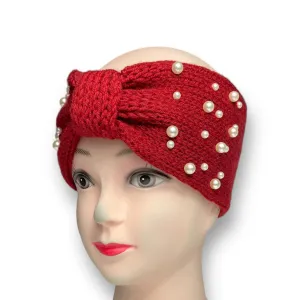 Women's Winter Knitted Ear Warmer Headband with Faux Pearl Beads – Red